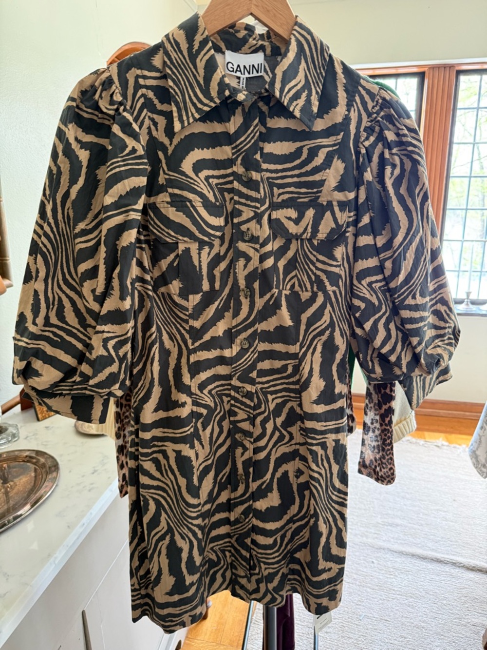 NWT GANNI Zebra-Print Puff Sleeve Shirt Dress in Black & Tan Size 36
